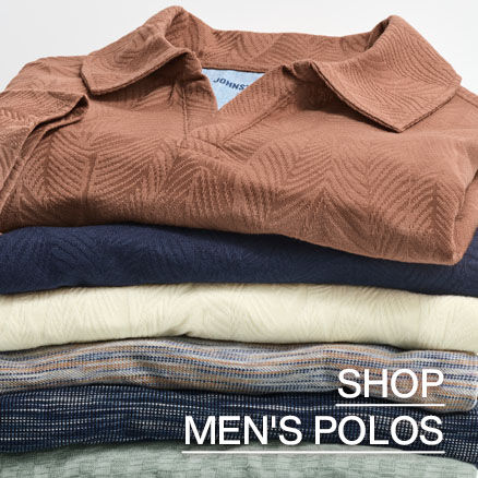Flatlay of Men's Polos stacked on top of eachother.